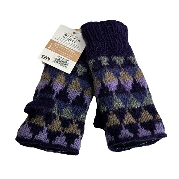 feelgoodz Jaya Bloom wool knit half mitten gloves hand Purple Gray Triangles - Picture 3 of 7
